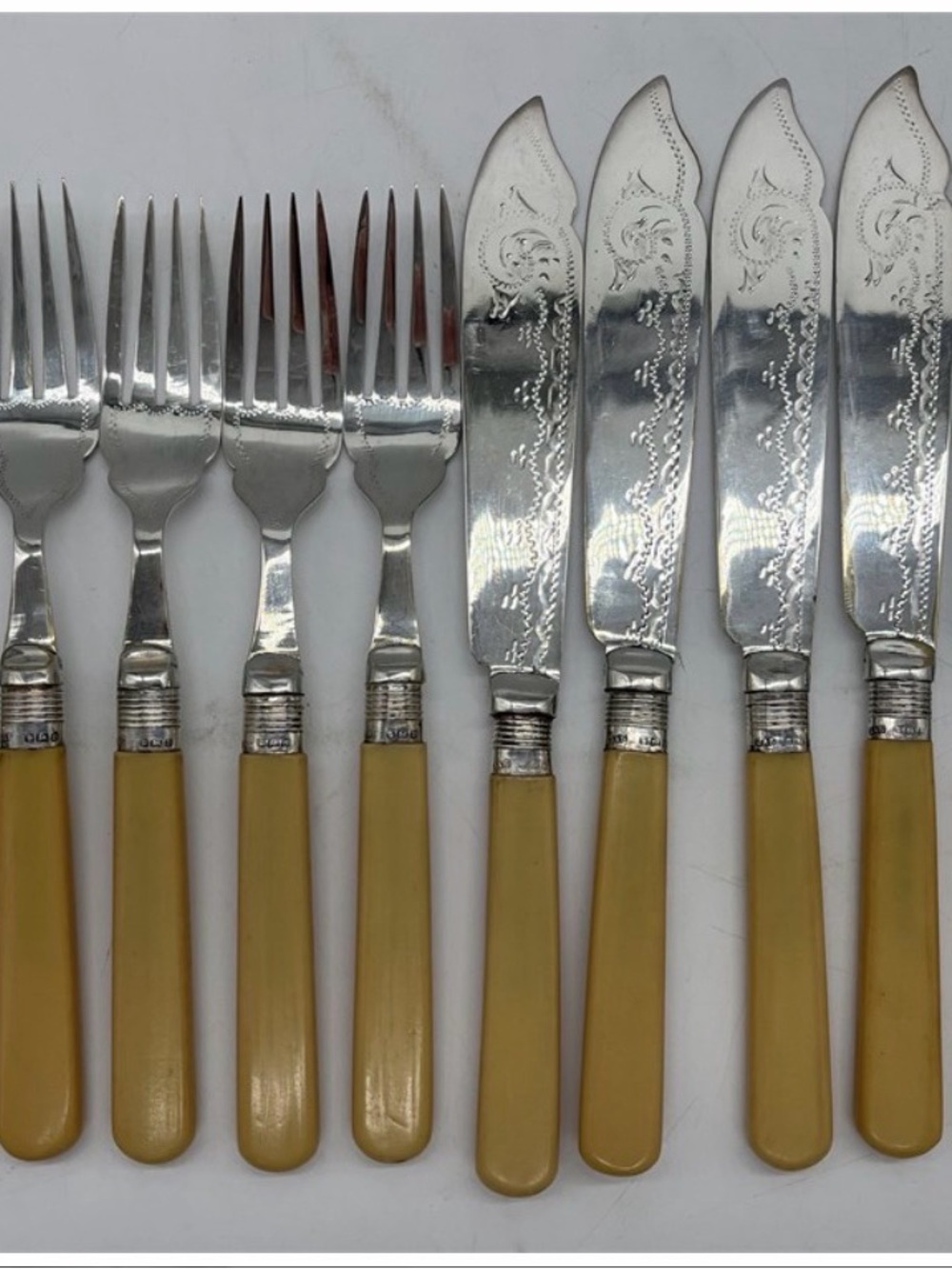 10 pc SterlingSilverCollar Vintage-Style Yellow Handle Fish Knife/Fork Set 18g